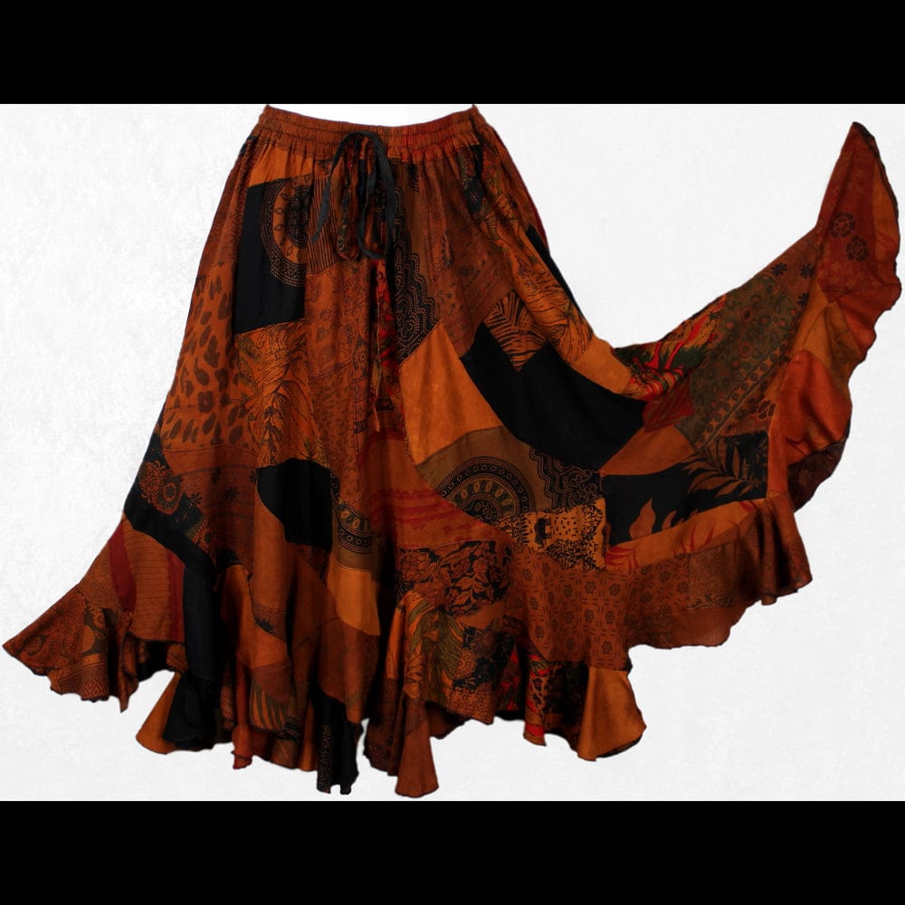 Brown Patchwork Long Swirl Skirt-Skirts-Peaceful People