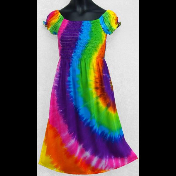 Girl's Rainbow Spiral Tie-Dye Short Sleeve Dress (Ages:4, 6, 8, 10, 12)-Children's Clothes-Peaceful People