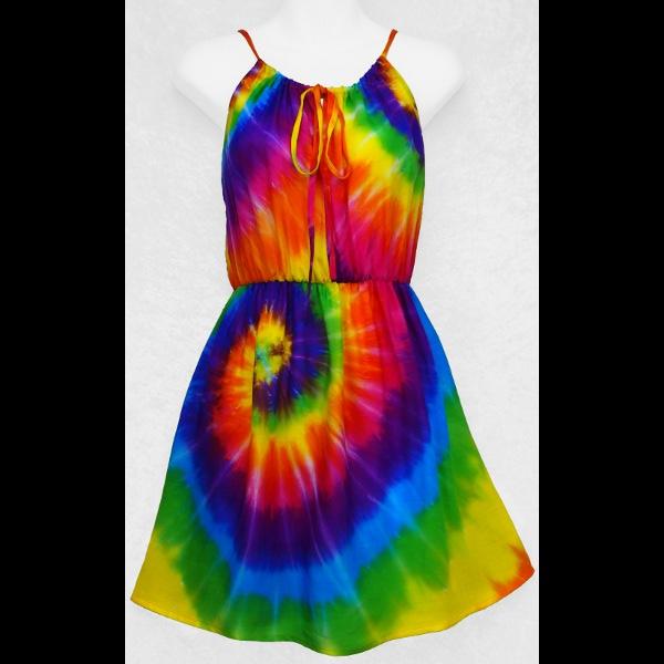 Rainbow Spiral Tie-Dye Drawstring Sarong Dress-Dresses-Peaceful People