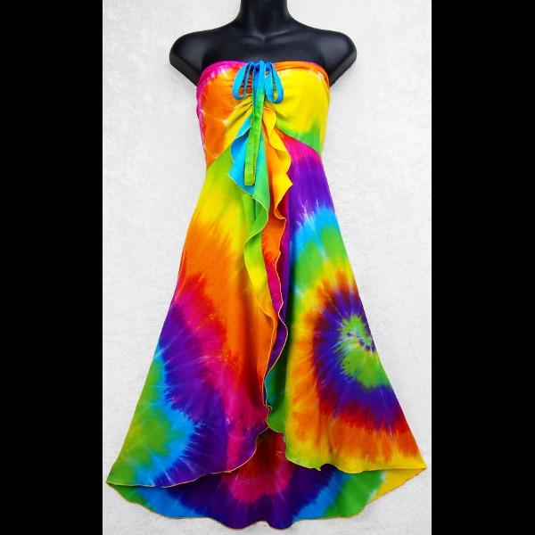 Gigi's Rainbow Spiral Tie-Dye Front Ruffle Sarong Dress-Dresses-Peaceful People