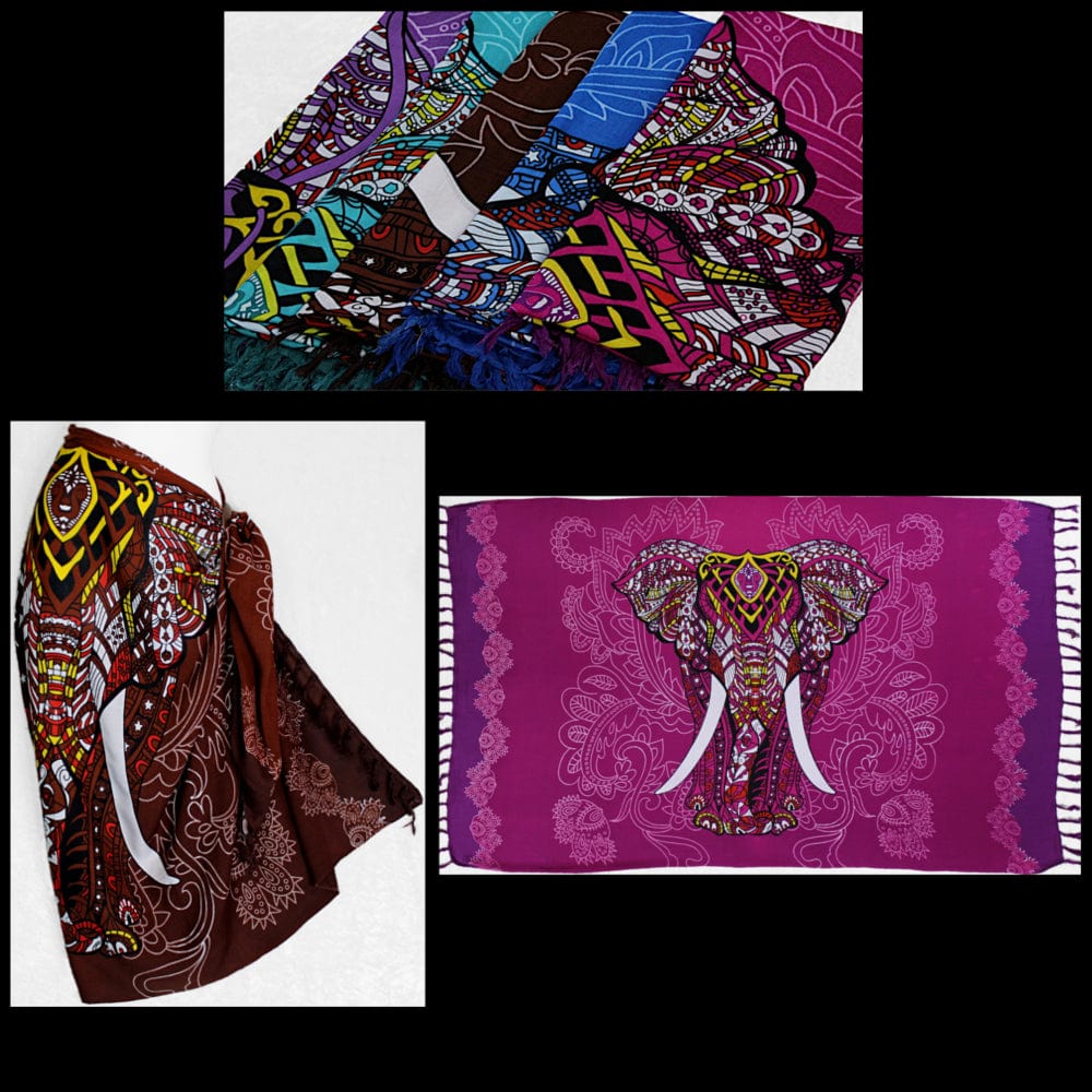 Genesis Imports Elephant Sarong Wrap From Bali - Lightweight Rayon Beach Cover Up, 65x47 Inch With Fringe