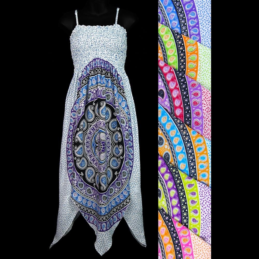Wholesale Paisley Mandala Fairy Sarong Dress with Handkerchief Hem, Elastic Top and Adjustable Spaghetti Straps Wholesale Paisley Mandala Fairy Sarong Dress with Handkerchief Hem, Elastic Top and Adjustable Spaghetti Straps