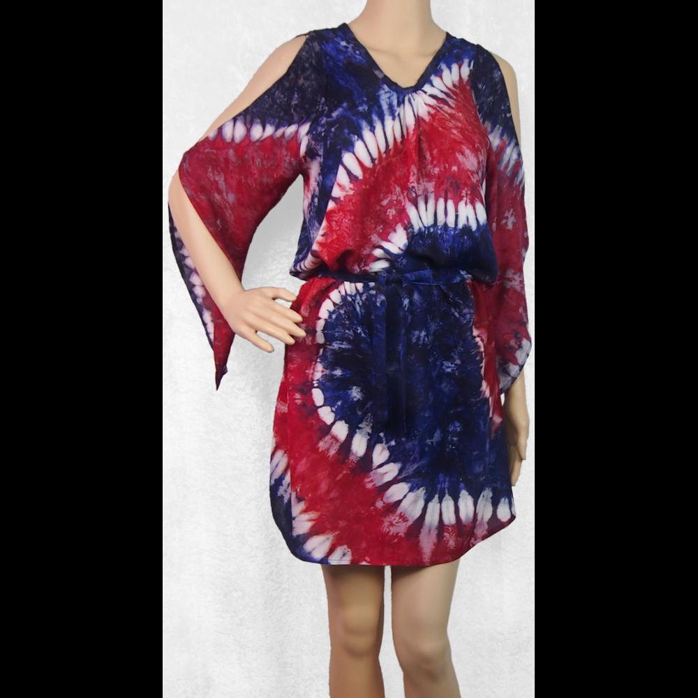 Wholesale Red, White and Blue Belted Tie-Dye Dress Wholesale Red, White and Blue Belted Tie-Dye Dress