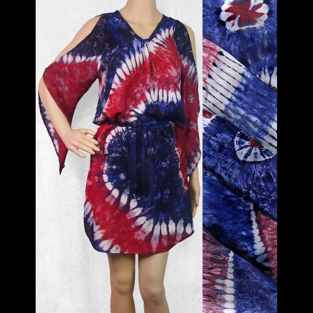 Red, White and Blue Belted Tie-Dye Dress-Dresses-Peaceful People