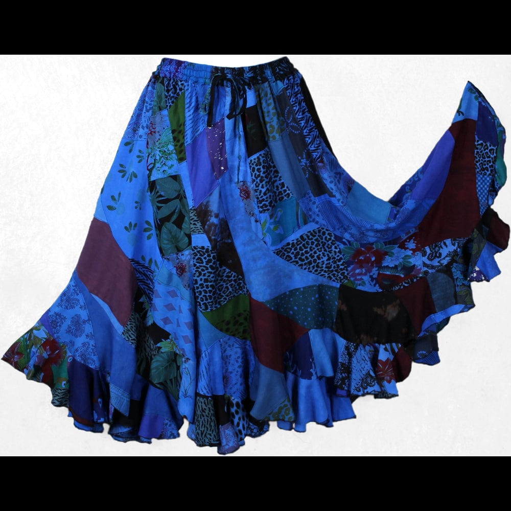 Blue Patchwork Long Swirl Skirt-Skirts-Peaceful People
