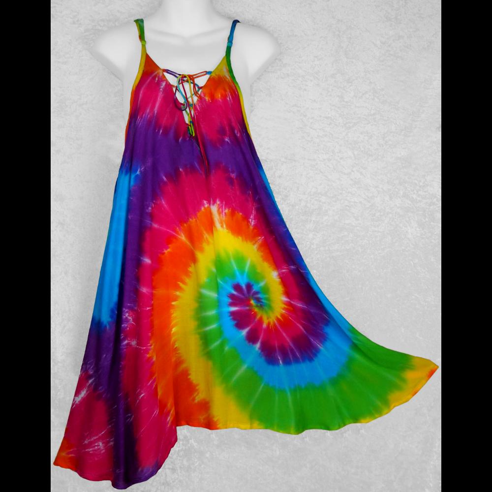 Rainbow Spiral Tie-Dye Lace Up Dress-Dresses-Peaceful People