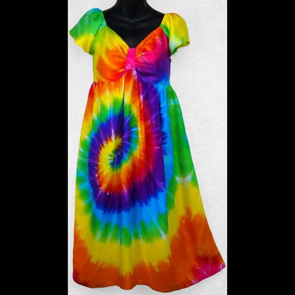 Rainbow Spiral Tie-Dye Cap-Sleeve Dress-Dresses-Peaceful People