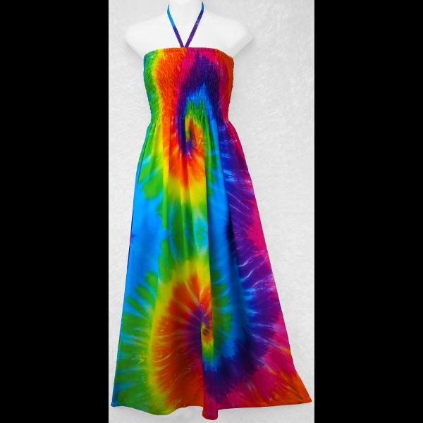 Rainbow Spiral Tie-Dye Center Strap Sarong Dress-Dresses-Peaceful People